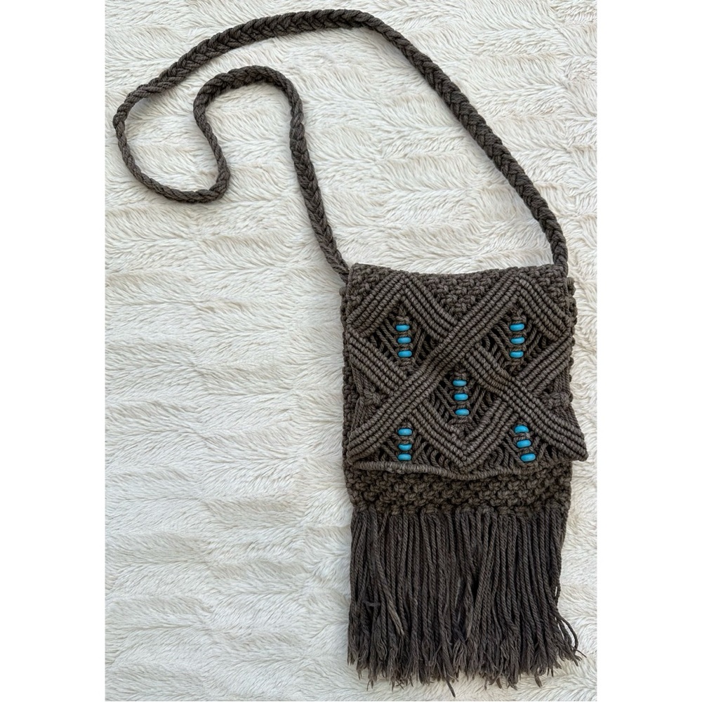 5|48 Bohemian Brown Woven Crossbody Bag with Turquoise Blue Beading